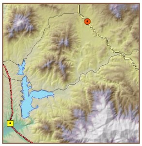 Geographic region under consideration. Source (yellow) and destination (red) points for path analysis shown.